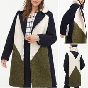 J CREW COAT TEDDY SHERPA LONG COLORBLOCK NAVY WHITE OLIVE GREEN LONGLINE CREAM